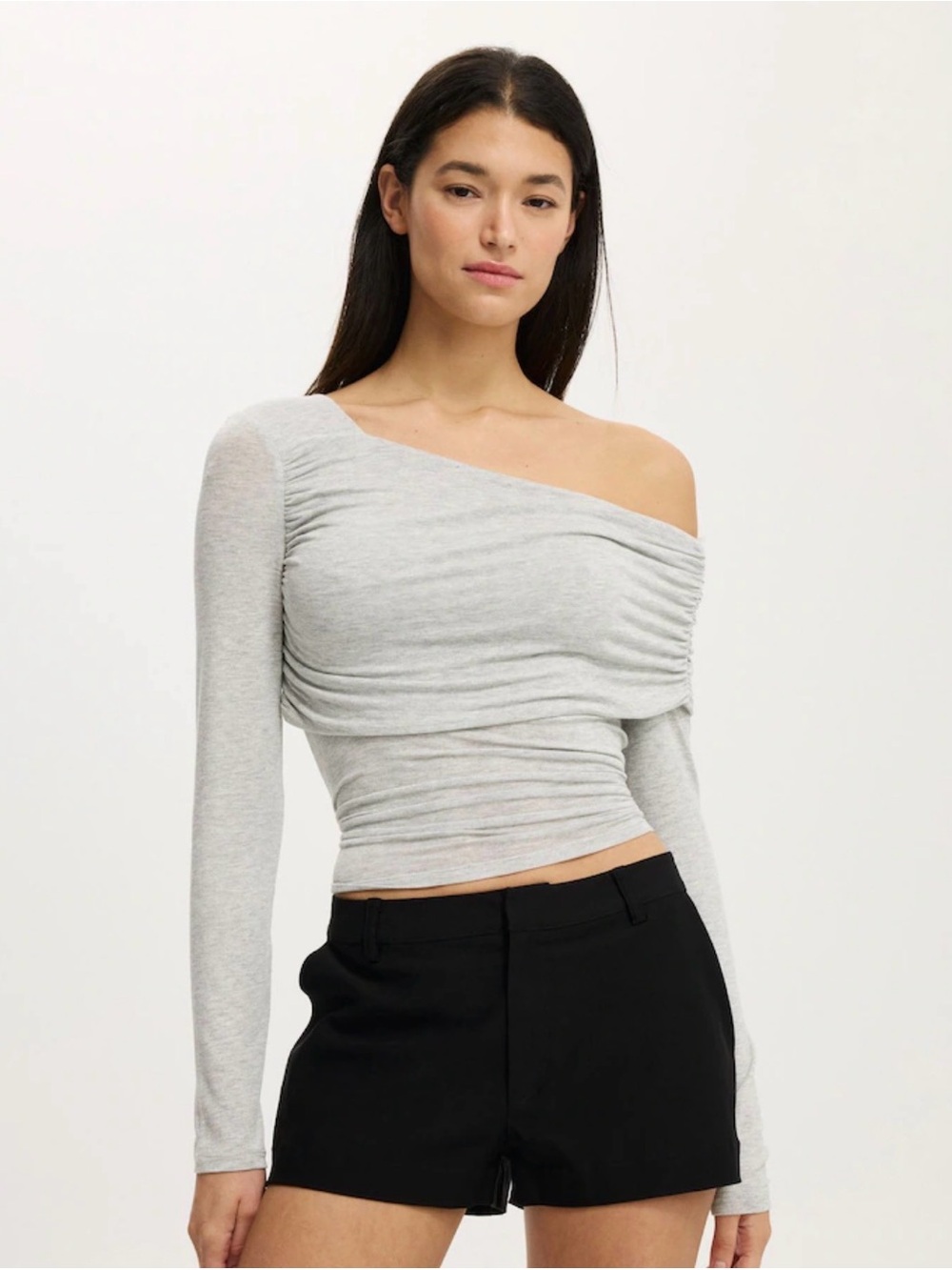 Cotton On Off-Shoulder Ruched Long Sleeve Top - Light Gray